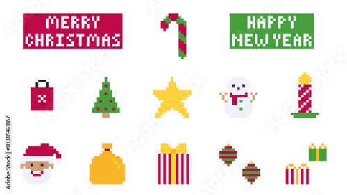 Pixel Art Christmas and New Year Holiday Icon Collection