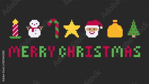 Pixel Art Merry Christmas Ornament Banner with Holiday Icons