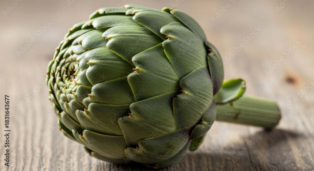 Fototapeta premium Close-up of a fresh green artichoke on a wooden surface.