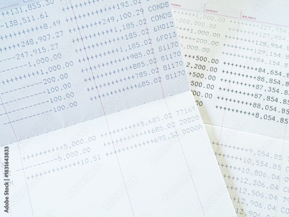 Fototapeta premium Bank account book statement balance number cash, data investment debt math in office, bill receipt and payment business credit card account, check paper financial loan tax concept.