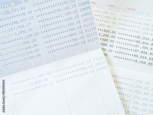 Bank account book statement balance number cash, data investment debt math in office, bill receipt and payment business credit card account, check paper financial loan tax concept.