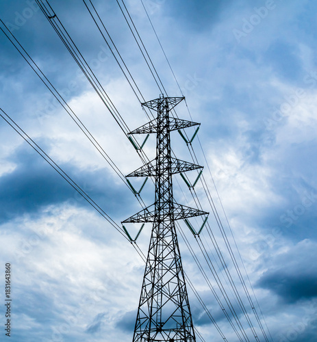 High voltage electric pole power line electric transmission tower background, technology energy clean ecosystem change green environment, substation construction pylon generator grid electricity