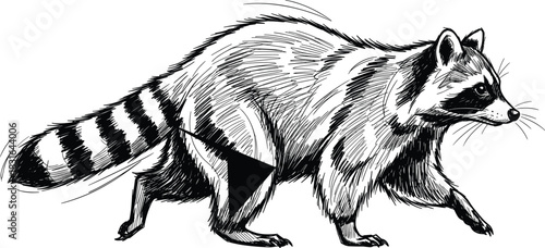 Black and White Detailed Hand-Drawn Engraving Style Sketch of a Raccoon, Side View, Representing North American Wildlife, Forest Animal, Scavenger, and Nature Vector Content