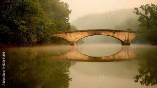 allegheny. Stone arch bridge spanning river shrouded in morning mist with soft focus. travel magazines, destination branding, designed for travel destination branding, used by marketplace managers.