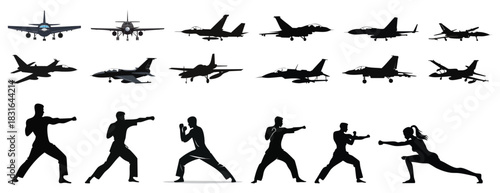 indian fighter plane and army fighting silhouette: Set of Fighter Jet Silhouettes and Martial Arts People Silhouettes Vector