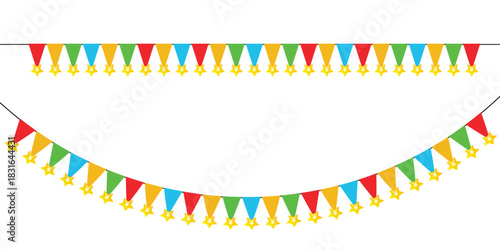 Holiday Background with Colorful triangle Party Flags on transparent Background. Vector Illustration. Flat Design