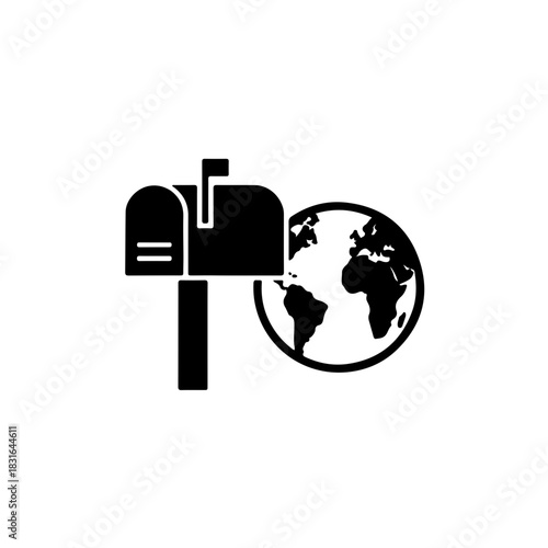 Flat design icon featuring a traditional silhouette mailbox beside a simple world globe. A bold black and white graphic emphasizing global postal communication and international World Post Day