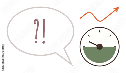 Speech bubble with question and exclamation marks, arrow indicating growth, gauge suggesting measurement. Ideal for motivation, decision-making, analytics, performance, growth, feedback simple flat