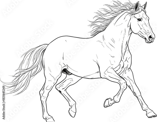 Black and White Detailed Outline Style Sketch of a Wild Galloping Horse, Running Side View, Representing Freedom, Equine Speed, Power, Sport, and Nature Vector Content