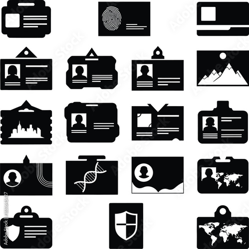 Black and White Employee Identity Card Icon with Star and Magnifier: Corporate ID Badge, User Profile Avatar, Access Control Pass, or Search and Priority Member Tag Vector Graphic.