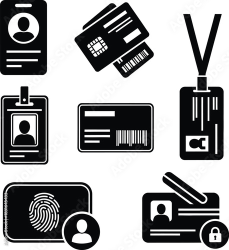 Mega Set of 12 Vertical Employee Identity Card Icons: Including Smart Chip Cards, Security Access Passes, Standard Photo IDs, and Different Clip Attachments Template Vector Graphics.
