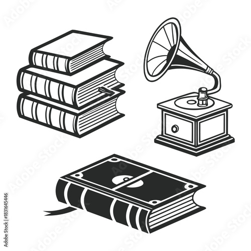“Vintage Books and Gramophone Illustration Set”