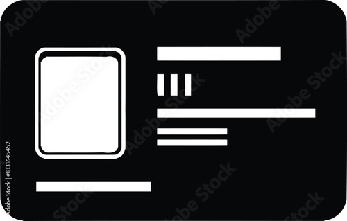 Black and White Employee Identity Card Template: Horizontal Corporate ID Badge, Placeholder Photo Box, Simplified Barcode, and Text Fields for Access Pass Vector Illustration.
