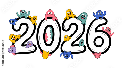 2026: Cheerful and Colorful Celebration: Whimsical illustrations, cheerful creatures decorate the number 2026, creating a fun and lively atmosphere. A visual representation of a new year.
