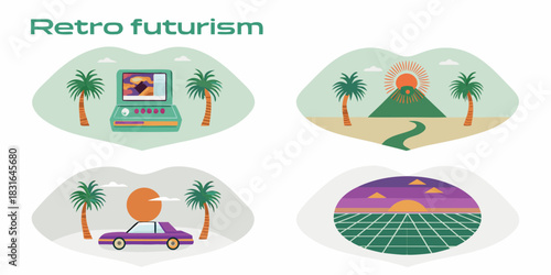 Retro futurism scenery with palm trees and vintage elements
