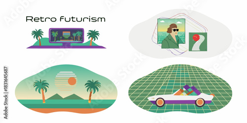 Retro futurism collection with palm trees woman and car on grid