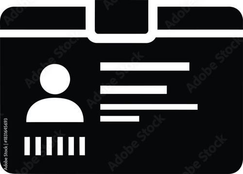 Black and White Monochrome Employee Identity Card Icon with Silhouette Profile Photo and Text Fields: Corporate ID Badge, User Profile Avatar, Access Control Pass, or Membership Sign Template.