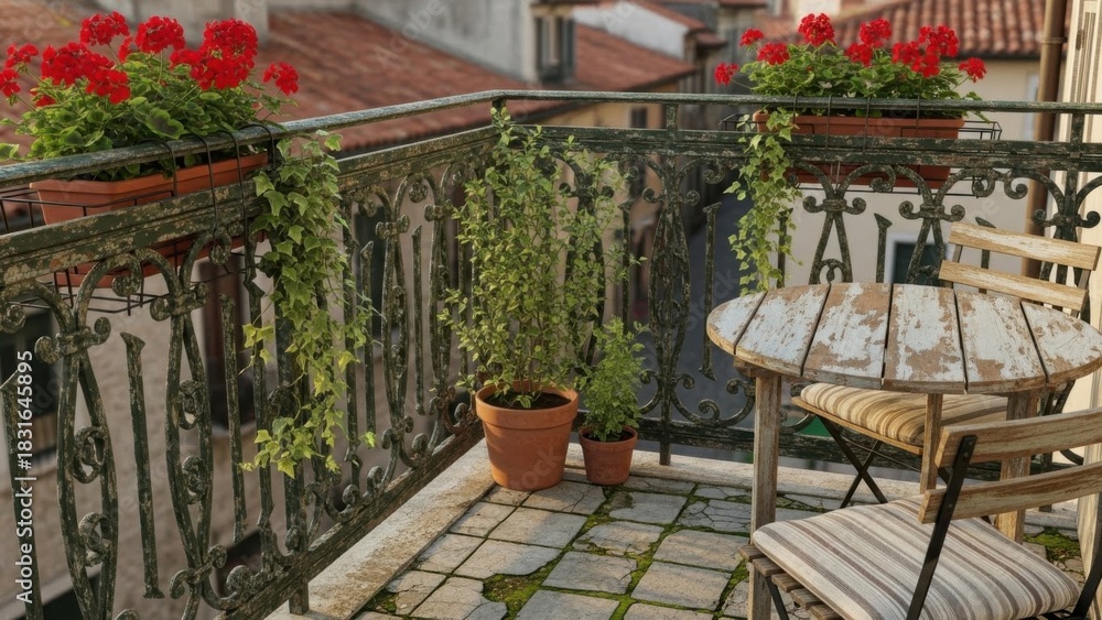 Fototapeta premium Charming balcony with red flowers and rustic furniture