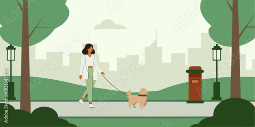 Woman walking dog in city park on leash illustration