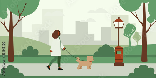 Woman walking her dog in a park with city skyline background