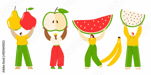 People holding giant fruit slices healthy eating concept vector illustration