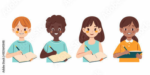 Diverse group of children writing in notebooks education and learning concept