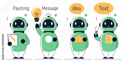 Robots with painting message idea and text concepts for communication