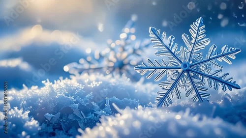 Winter's Delicate Beauty: A close-up showcases the intricate details of a pair of pristine snowflakes, nestled amidst a bed of glistening snow.