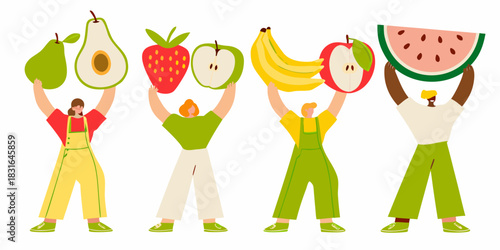 Diverse people holding up sliced fruits promoting healthy eating and nutrition