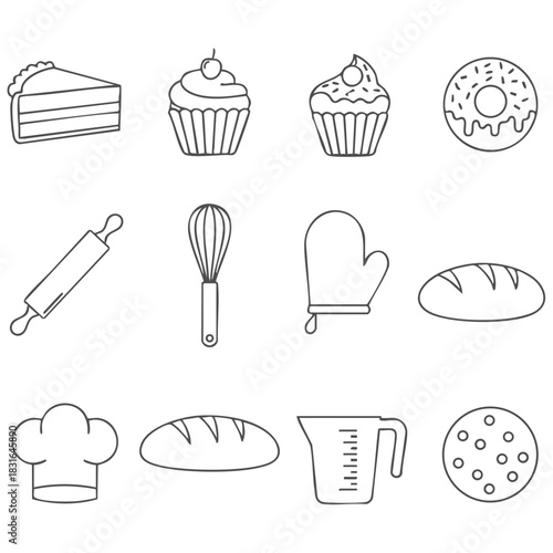 Bakery Line Art Clipart – Cake, Cupcake, Rolling Pin, Oven Mitt, Donut & Dessert Icons Vector Pack