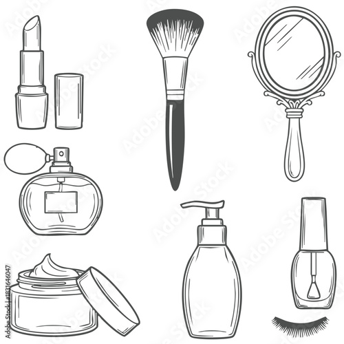 Beauty Line Art Clipart – Lipstick, Brush, Mirror, Perfume, Cream, Nail Polish & Makeup Icons Vector 