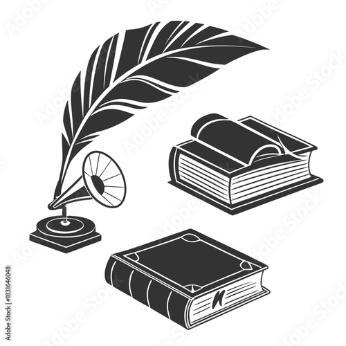 “Vintage Books and Gramophone Illustration Set”