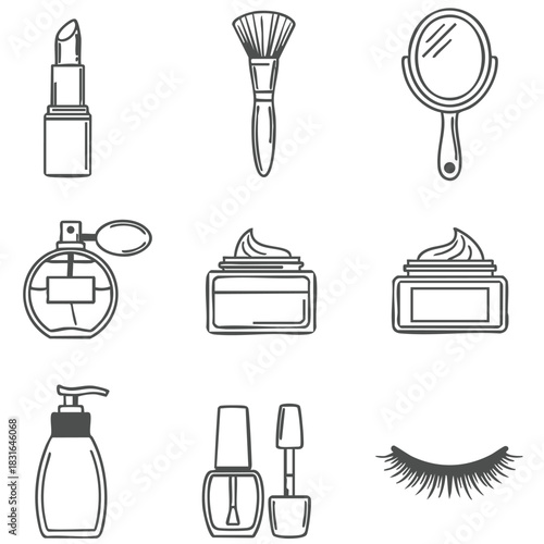 Beauty Line Art Clipart – Lipstick, Brush, Mirror, Perfume, Cream, Nail Polish & Makeup Icons Vector 