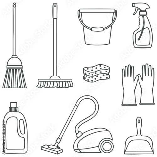 Cleaning Tools Line Art Clipart – Broom, Mop, Bucket, Spray Bottle & Housekeeping Icons Vector Set