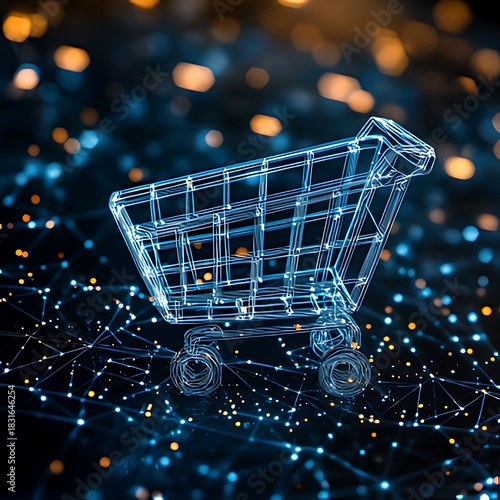 Digital shopping cart glowing with futuristic network connections on a dark, bokeh background