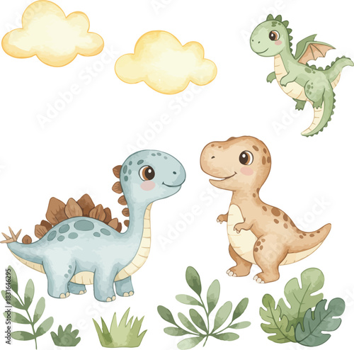 Cute cartoon dinosaur illustration set for kids, prehistoric era