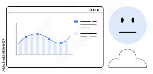Digital chart with line and bar graph, labels, beside abstract human and cloud icon. Ideal for analytics, data visualization, digital solutions, cloud computing, decision-making, user interface