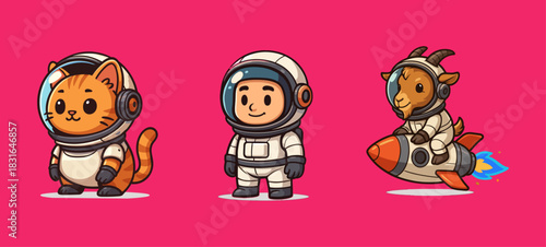 Cute Space Explorers Characters, Human, Cat, Goat on astronaut suit icon logo flat vector design