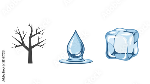 Minimalist Set of Tree, Water Drop, and Ice Cube Icons