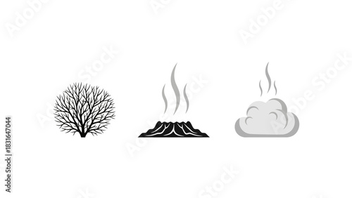 Nature's Elements A Tree, a Volcano, and a Cloud in Graphic Style