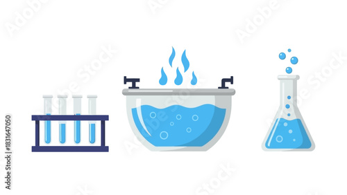Science Laboratory Equipment Glassware, Boiling Pot, Tubes