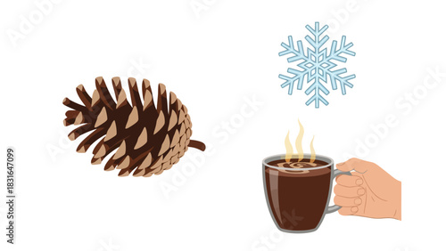 Winter Cozy Pinecone, Snowflake, and Hot Chocolate Comforting Scene