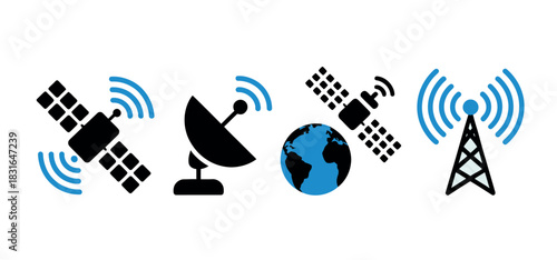 A collection of icons representing satellite communication, earth, and broadcasting towers, symbolizing global connectivity and technology.
