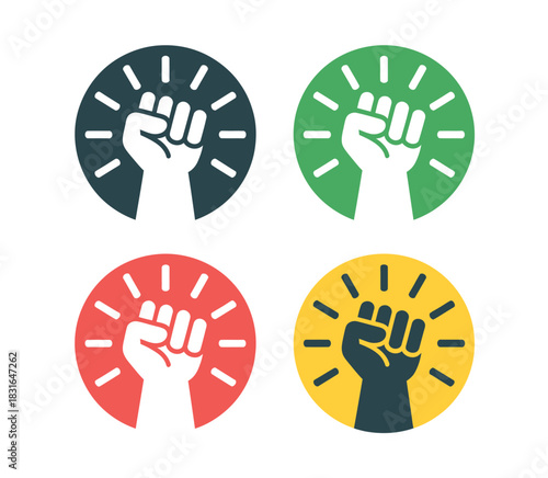 Four colorful circular icons depict a raised fist symbolizing protest, power, and solidarity.