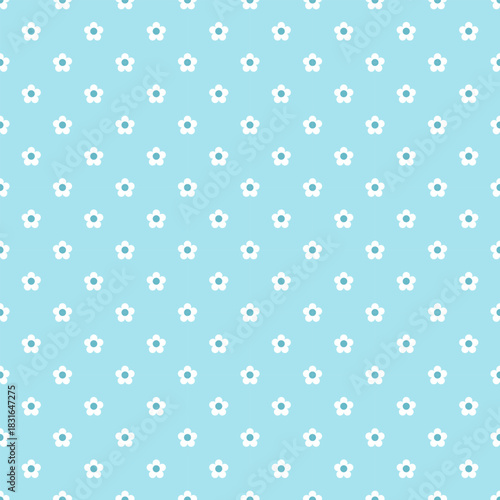 White flower on blue background pattern, seamless floral design with small white flowers, simple and fresh spring or summer style textile or wallpaper