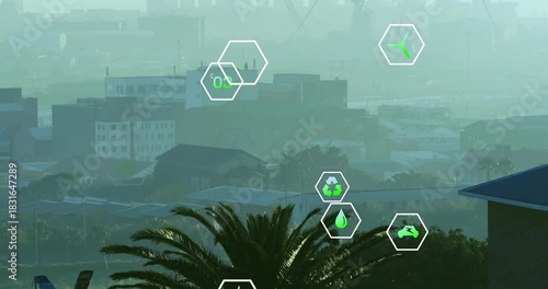 Starting over hazy skyline and palm tree, floating hex icons shifting, fading, showing energy stats