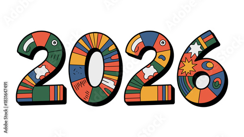 The Year 2026: An illustrated depiction of the year 2026, featuring vibrant colors and patterns within the numbers. An eye-catching representation of the future.