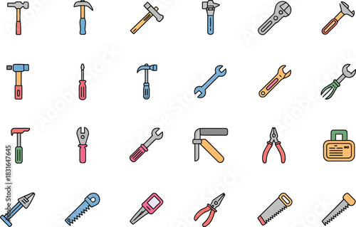 Assorted Hand Tools Collection Flat Icons hammer wrench