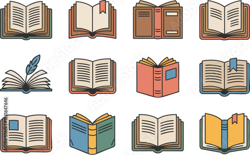 Assorted open and closed books with bookmarks