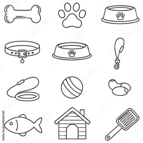 Pet Accessories Line Art Clipart – Dog Bone, Paw Print, Collar, Bowl, Toy Ball & Pet Care Icons